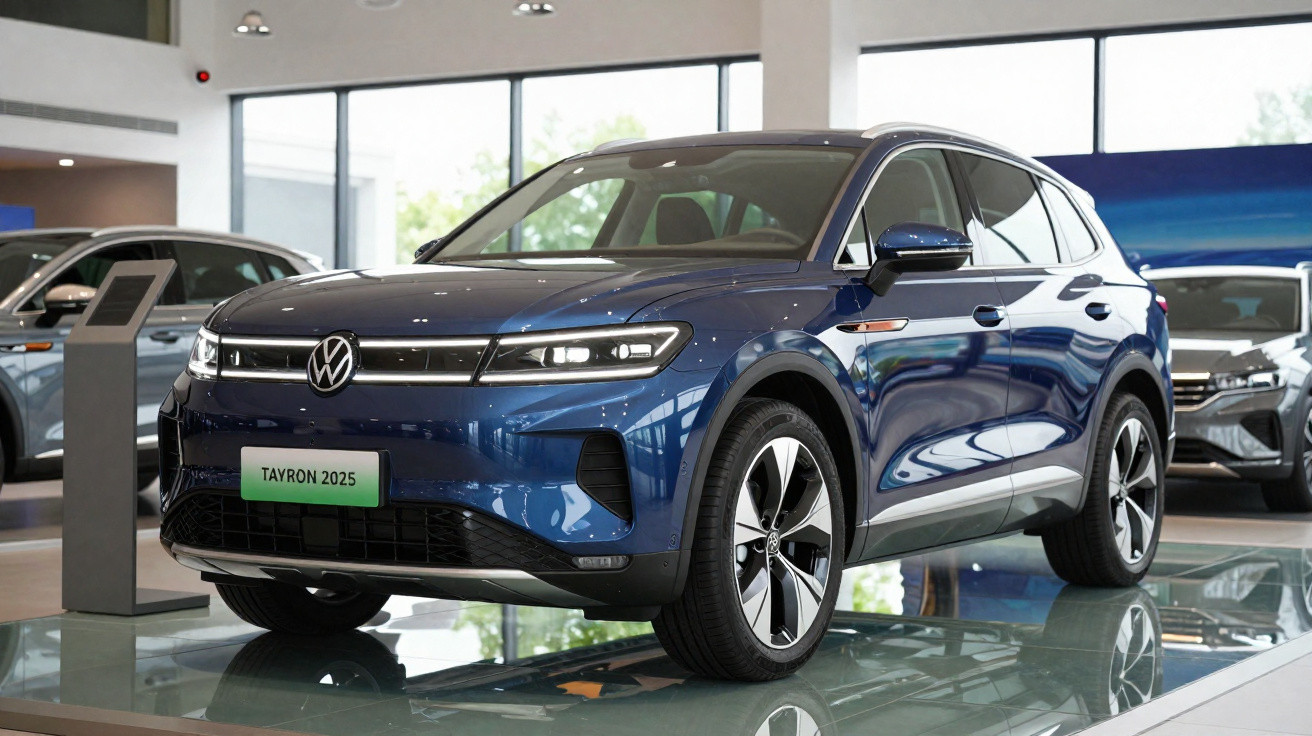 Volkswagen Tayron 2025 bleu exposée dans un showroom moderne avec lumière naturelle.