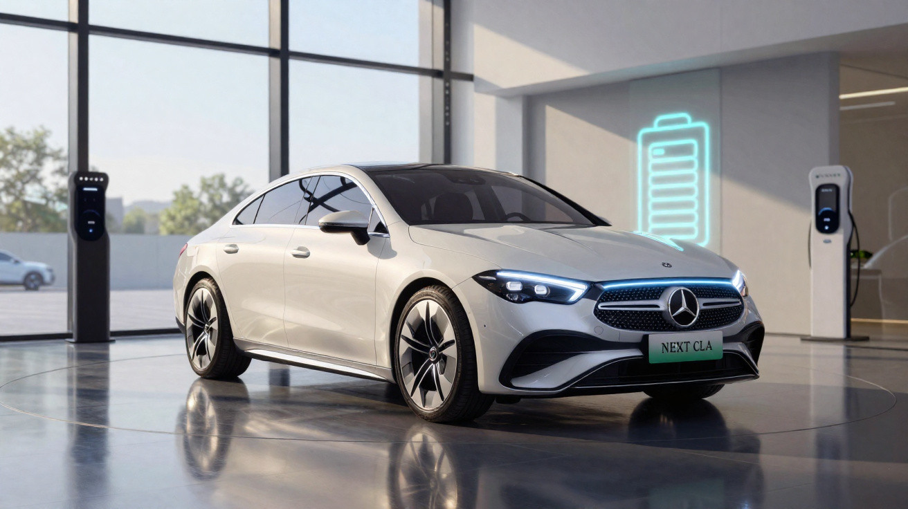 Voiture électrique Mercedes-Benz blanche dans un showroom moderne avec bornes de recharge et symbole de batterie lumineux.
