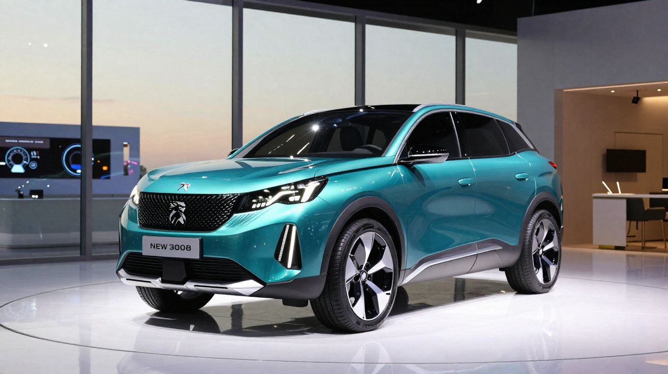 Peugeot 3008 bleu métal exposée en showroom moderne avec grandes baies vitrées en arrière-plan.