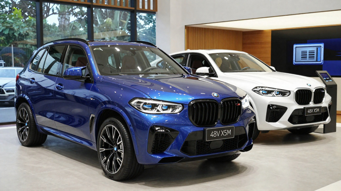 Deux SUV BMW X5 stationnés dans un showroom, un bleu à l'avant et un blanc à l'arrière.