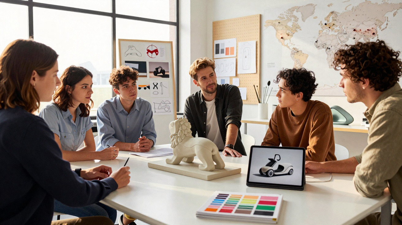 Groupe de jeunes designers discutant autour d’une maquette de lion et d’un écran montrant un prototype de voiture.