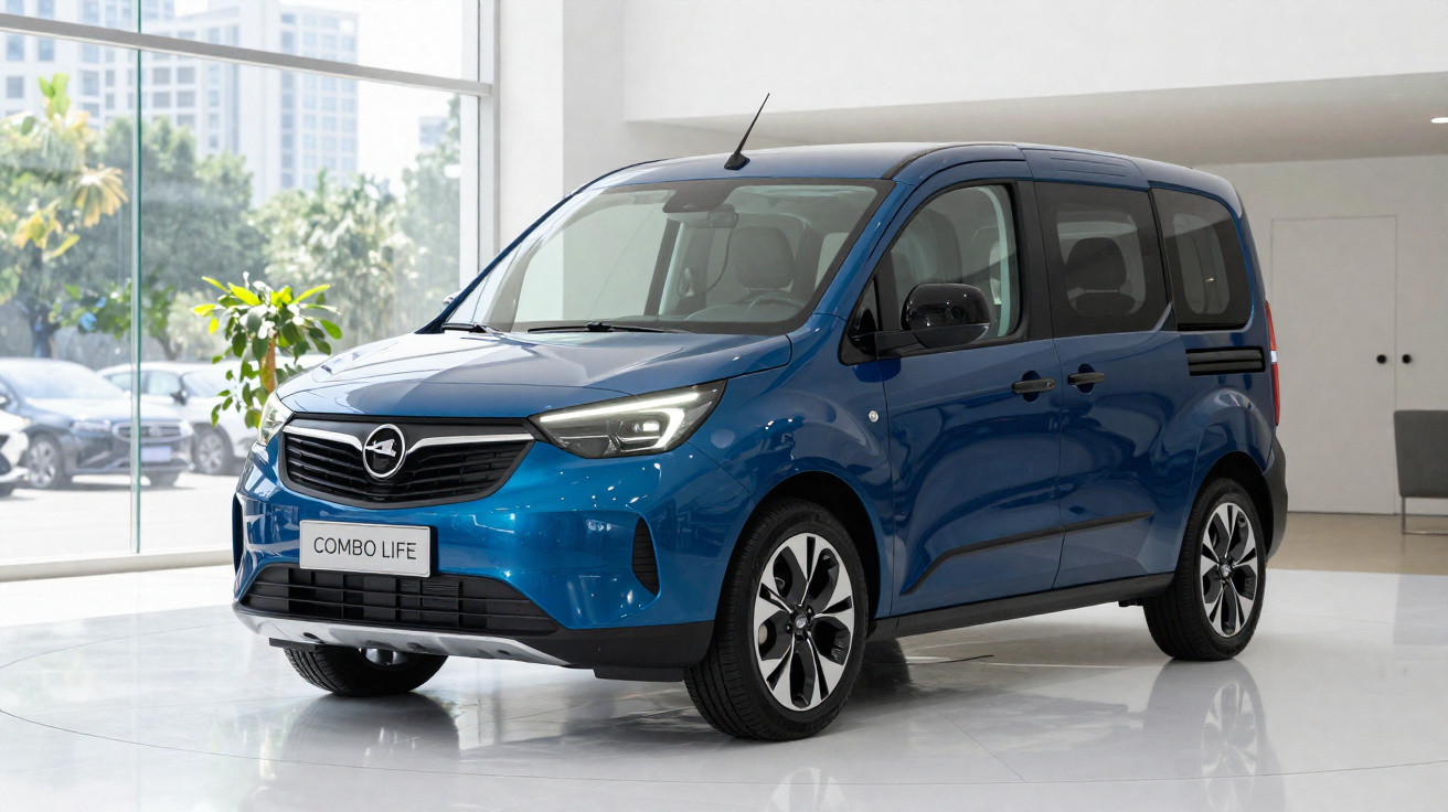 Monospace Opel Combo Life bleu exposé dans un showroom moderne avec de grandes baies vitrées.