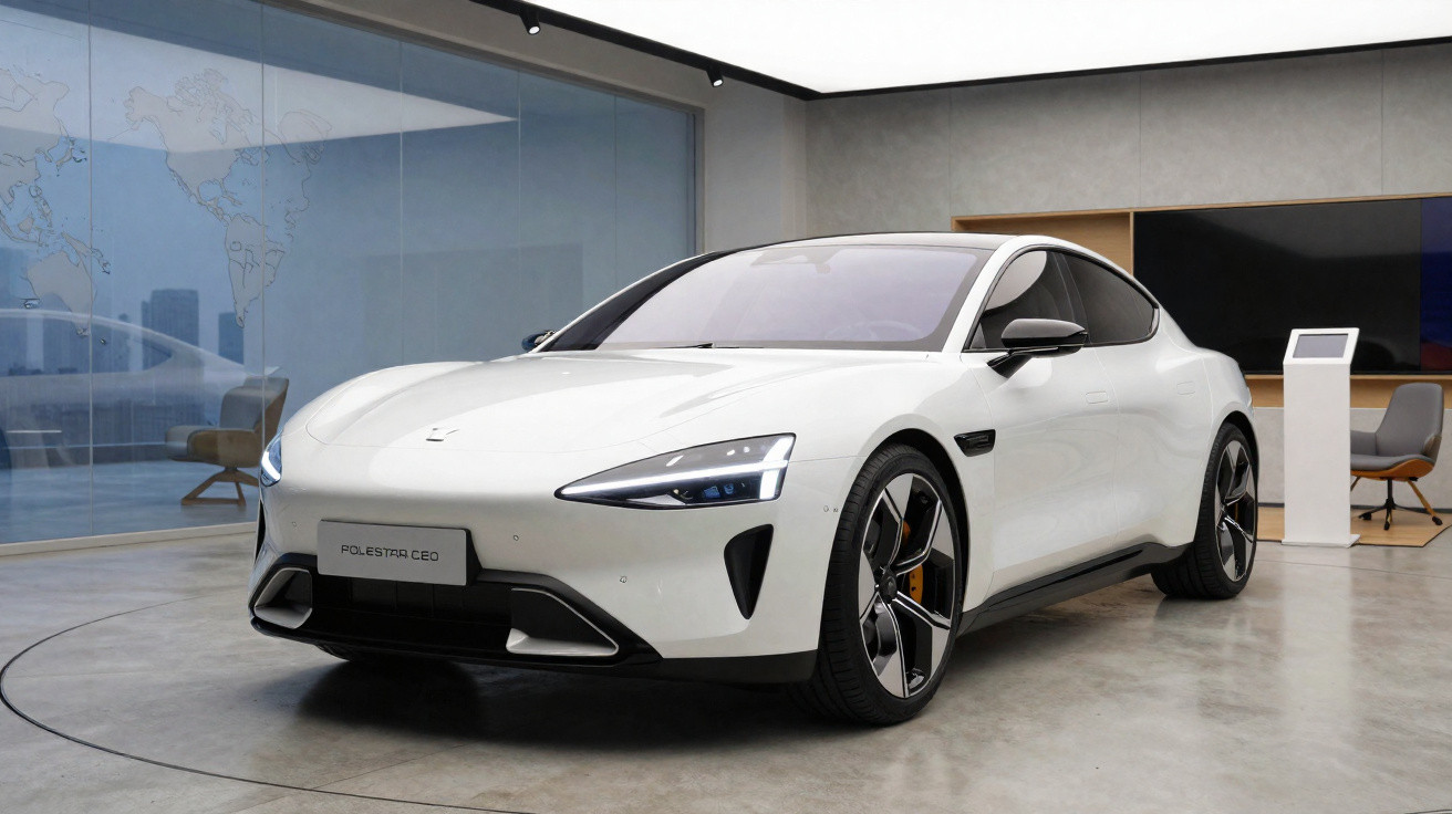 Voiture électrique blanche Polestar CEO exposée dans un showroom moderne avec sol en béton.