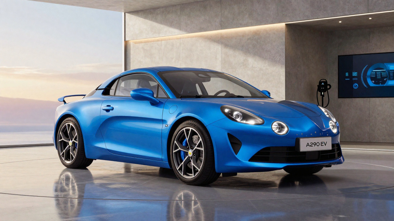 Voiture sportive électrique bleue Alpine A290 EV stationnée dans un showroom moderne au sol brillant.