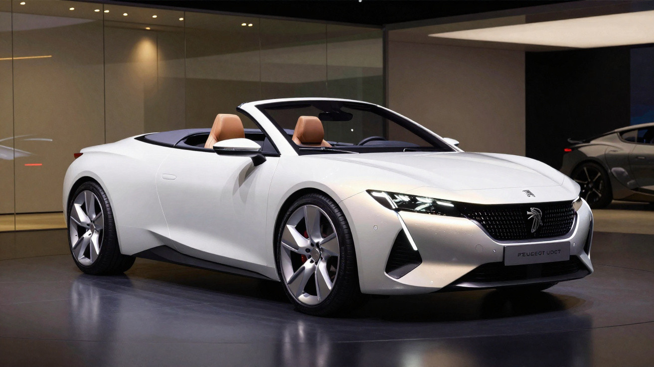 Voiture de sport décapotable blanche Peugeot VGT exposée dans un showroom moderne.