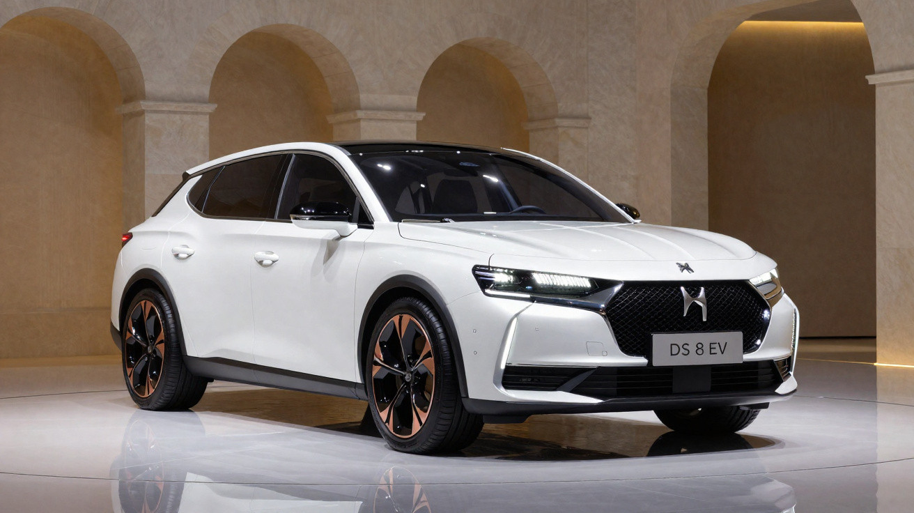 Voiture électrique blanche DS 8 EV exposée dans un intérieur avec arches en pierre beige.