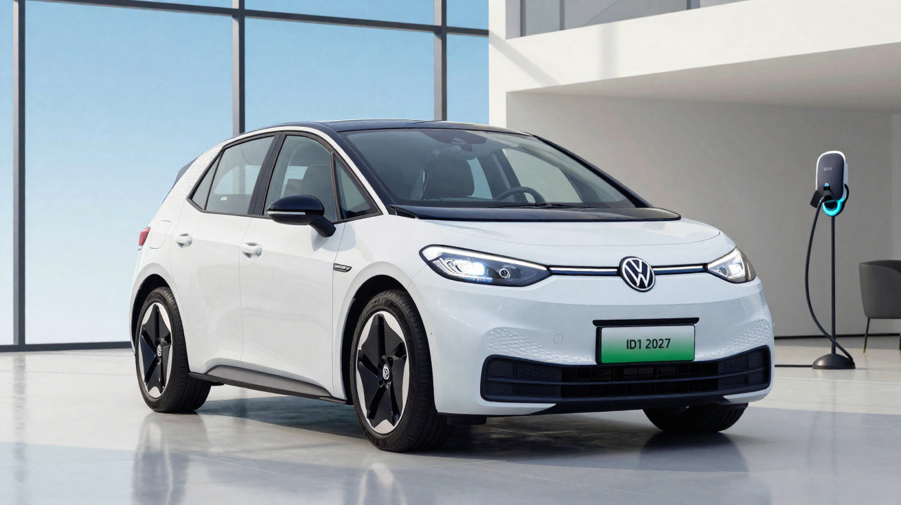 Voiture électrique Volkswagen ID.3 blanche stationnée à côté d'une borne de recharge dans un intérieur moderne.