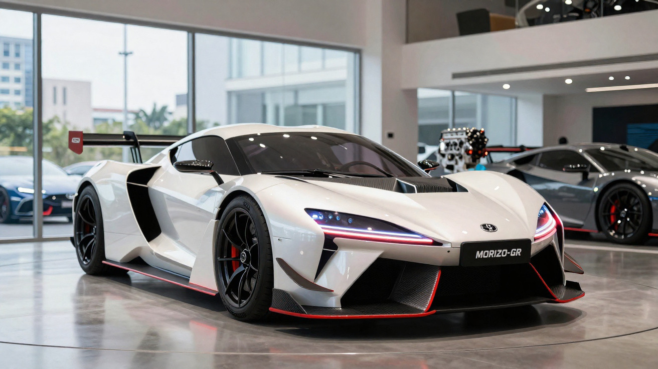 Voiture de sport blanche Morizo-GR exposée en intérieur avec des phares avant allumés et jantes noires.
