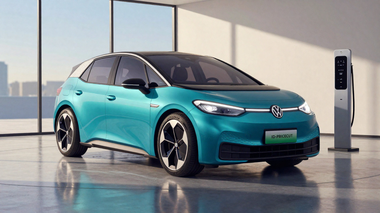 Voiture électrique Volkswagen ID.3 bleu turquoise en station de recharge intérieure moderne.