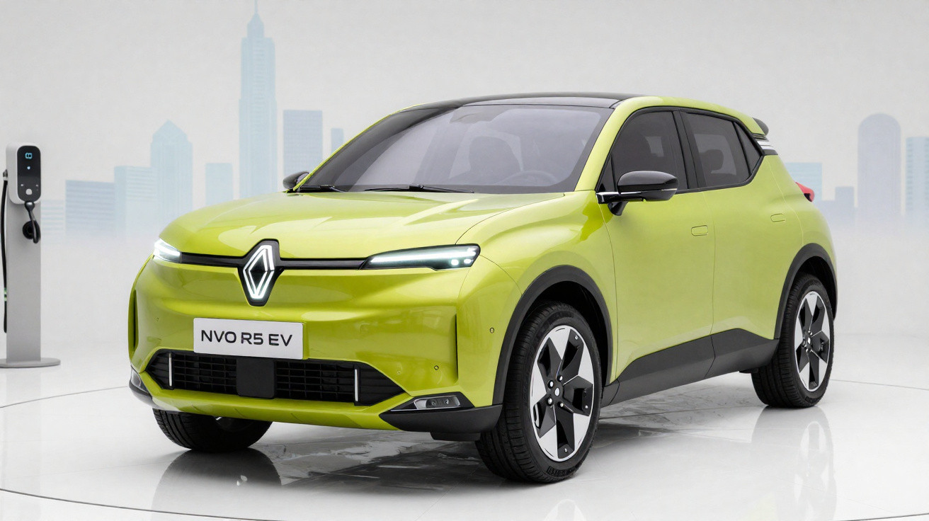 Voiture électrique Renault NVO R5 EV verte, stationnée près d'une borne de recharge en milieu urbain.