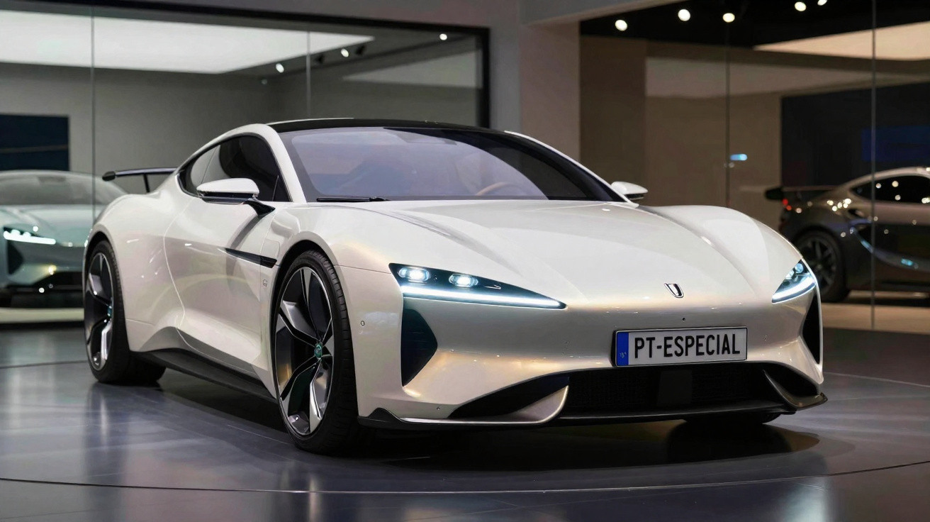 Voiture de sport blanche moderne avec éclairage LED exposée dans un showroom avec des reflets sur la carrosserie.