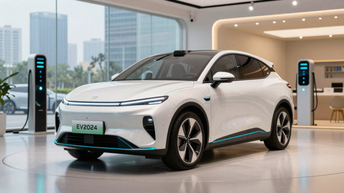 Voiture électrique blanche moderne en showroom avec bornes de recharge et vue sur la ville en arrière-plan.
