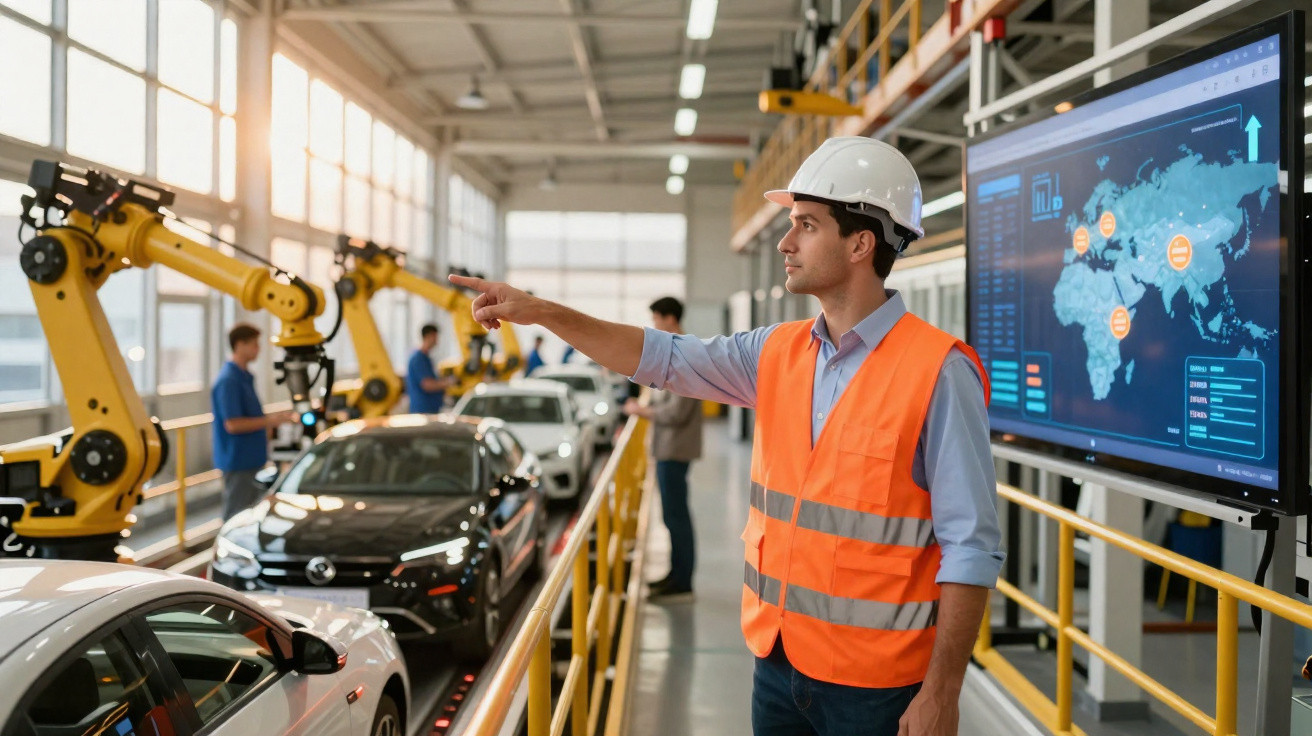 Homme en casque et gilet réfléchissant contrôle une chaîne de montage automobile avec robots et écran numérique.