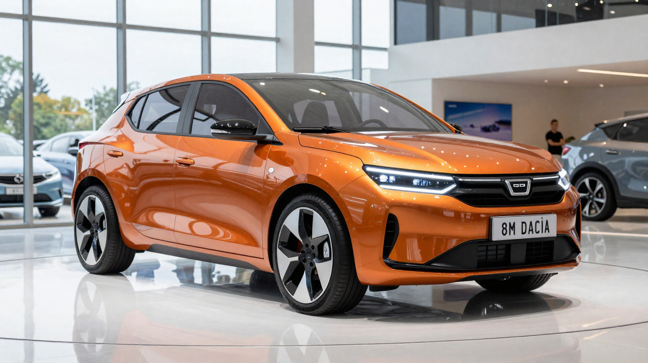 Voiture compacte Dacia orange métallisée exposée dans un showroom moderne avec grandes fenêtres et sol brillant.