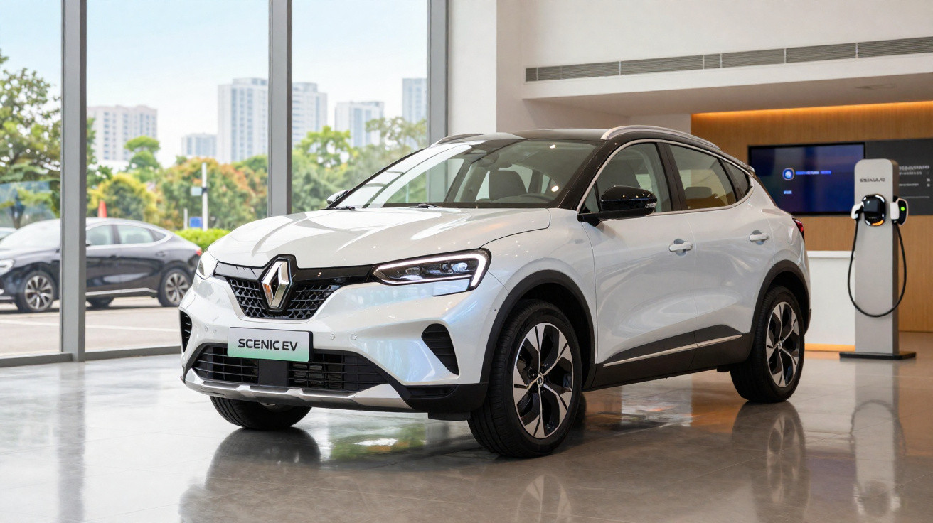 Renault Scenic EV blanc exposée en intérieur avec borne de recharge électrique à proximité.