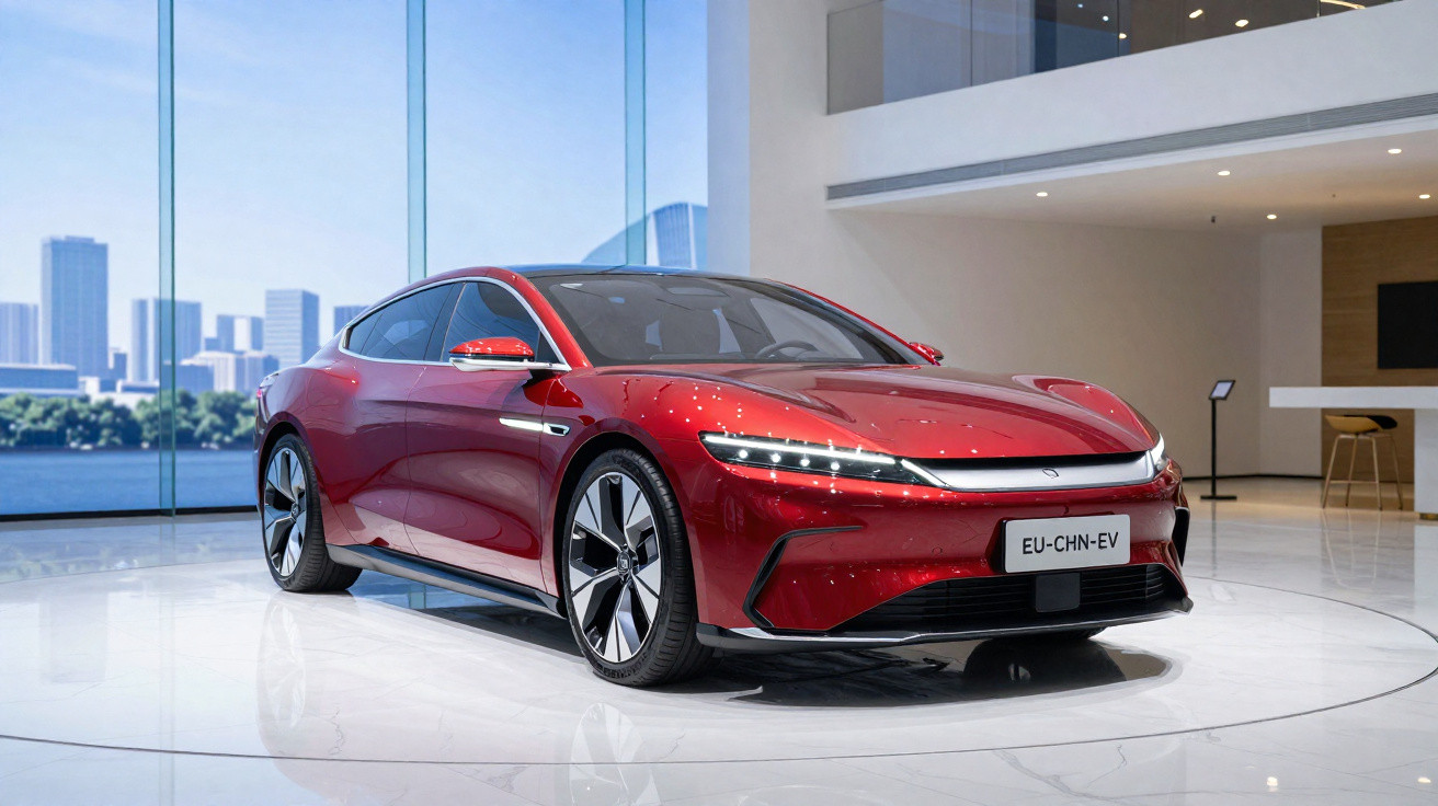Voiture électrique rouge moderne exposée dans un showroom avec grandes fenêtres et vue urbaine.