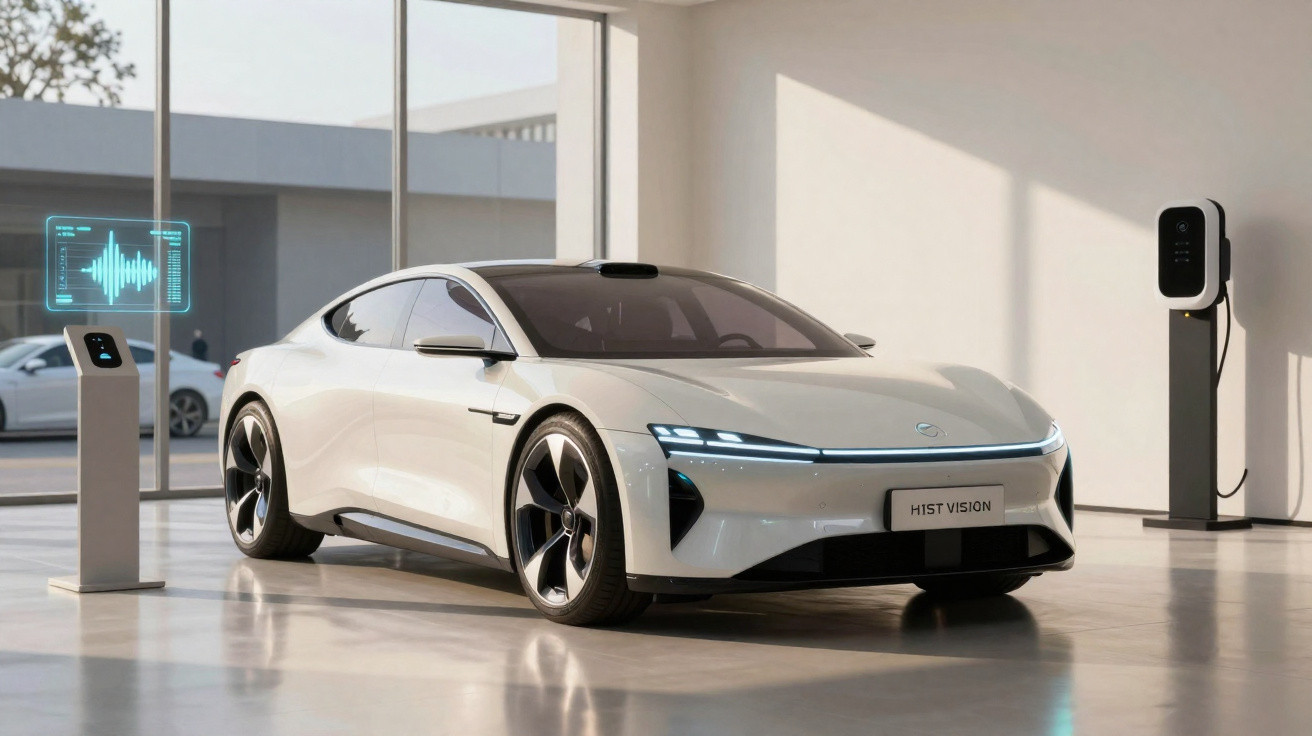 Voiture électrique blanche futuriste en intérieur, avec borne de recharge et hologramme sonore à côté.