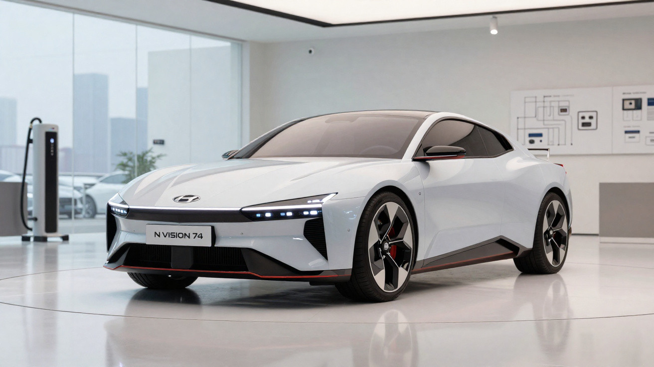Voiture sportive électrique blanche Hyundai N Vision 74 en exposition dans un showroom moderne.