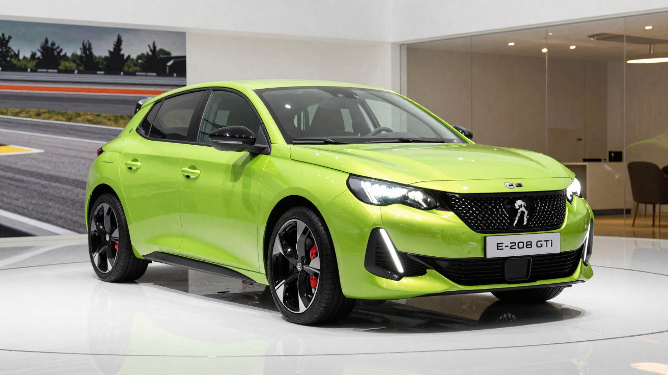 Peugeot E-208 GTi électrique vert lime exposée en intérieur sur un podium rond blanc.