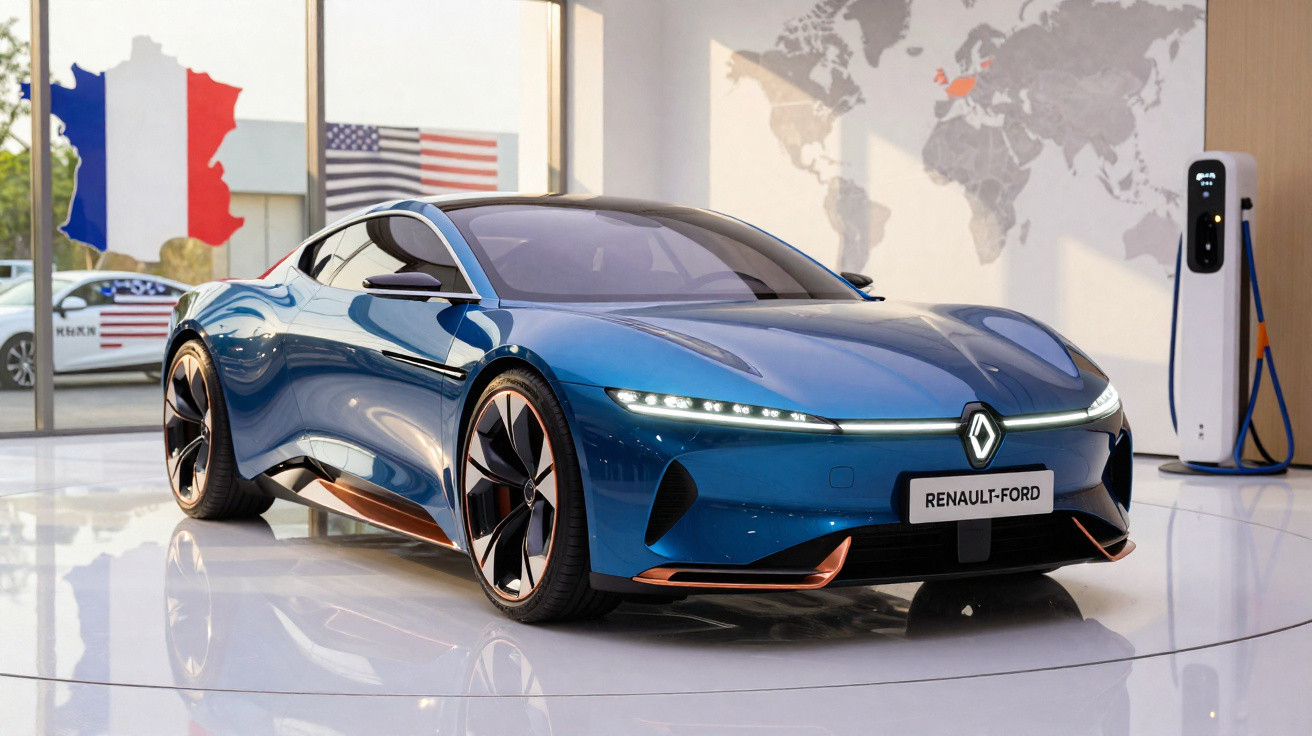 Voiture électrique bleue Renault-Ford dans un showroom avec drapeaux français et américain en arrière-plan.