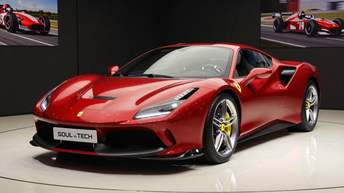 Voiture de sport Ferrari rouge exposée dans une salle avec des photos de voitures de course en arrière-plan.