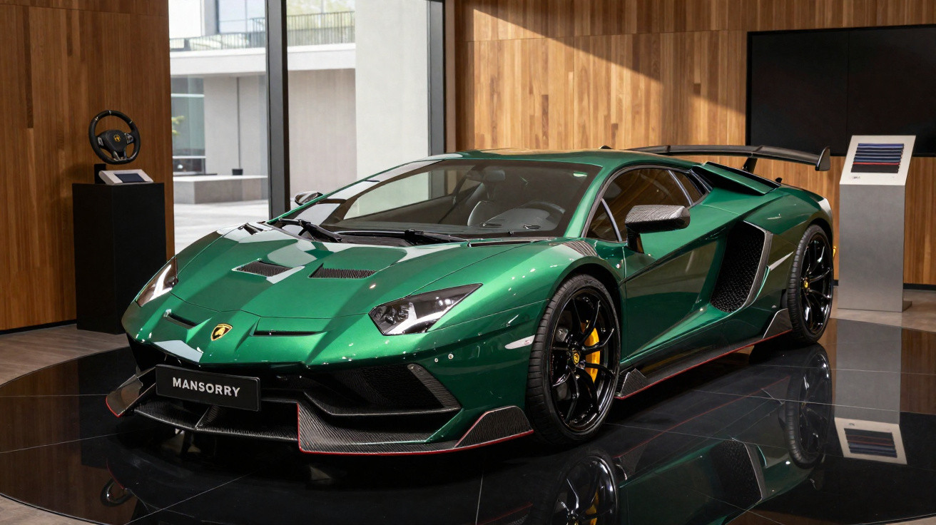 Voiture de sport verte Mansory exposée sur un podium brillant dans un showroom moderne en bois.
