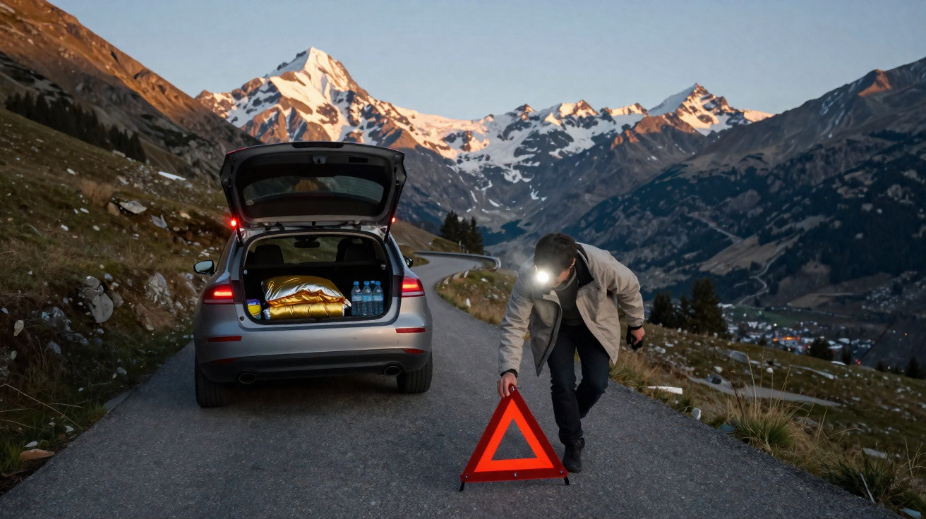 Homme posant un triangle de signalisation près d’une voiture en panne sur une route de montagne au coucher du soleil.