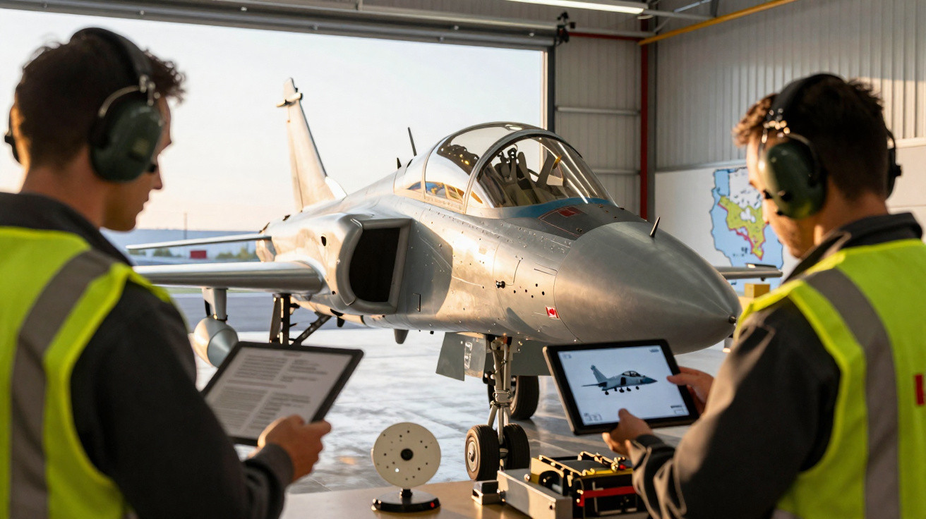 Deux techniciens en gilets jaunes vérifient un avion de chasse léger dans un hangar aéronautique.