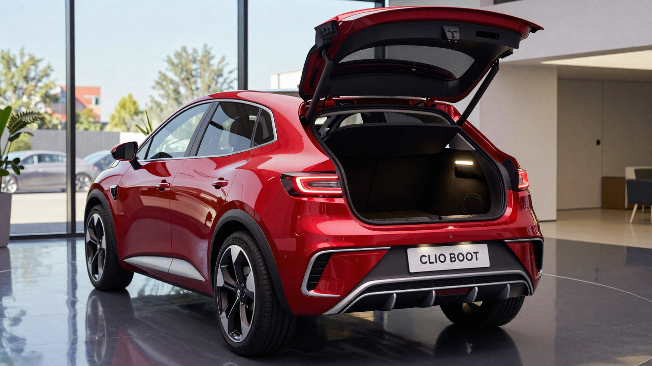 Vue arrière d'une voiture rouge avec le coffre ouvert dans un showroom moderne lumineux.