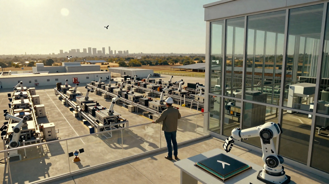 Un ingénieur observe une installation de robots industriels sur un toit avec une vue sur une ville au loin.