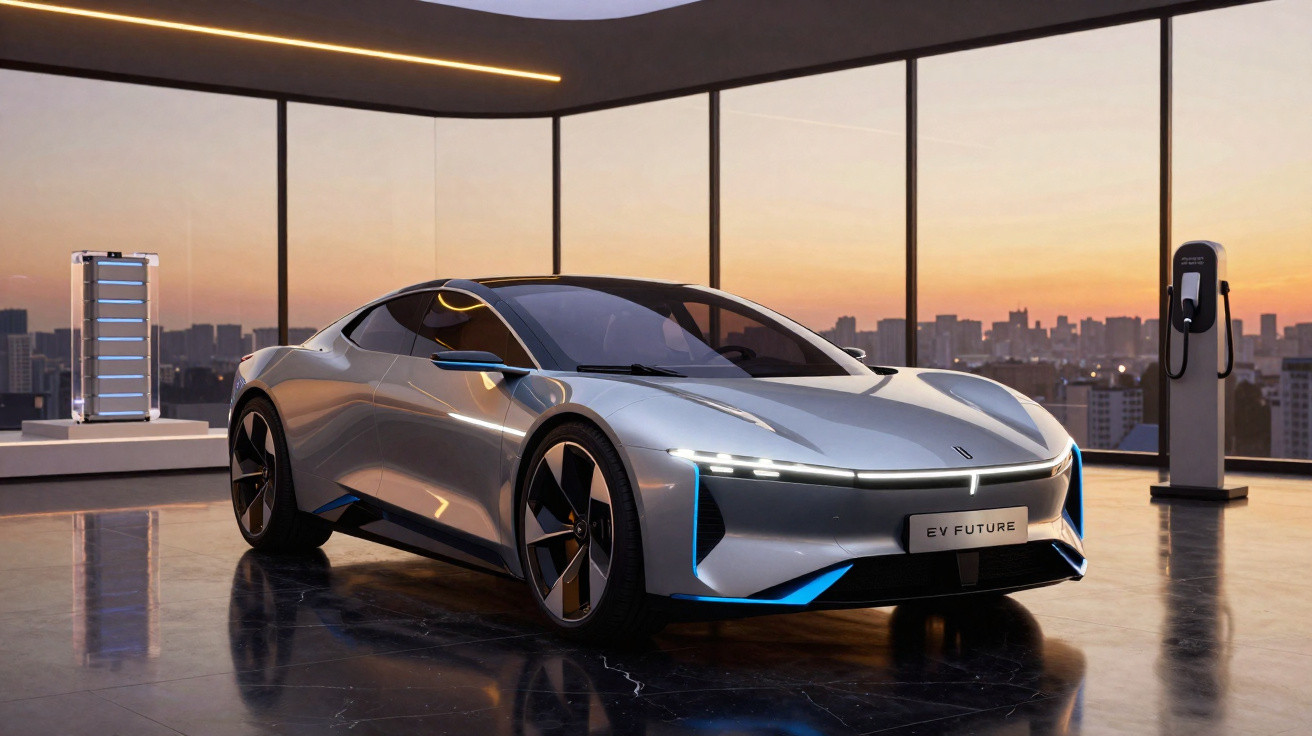 Voiture électrique sportive grise dans un showroom moderne avec vue sur la ville au coucher du soleil.