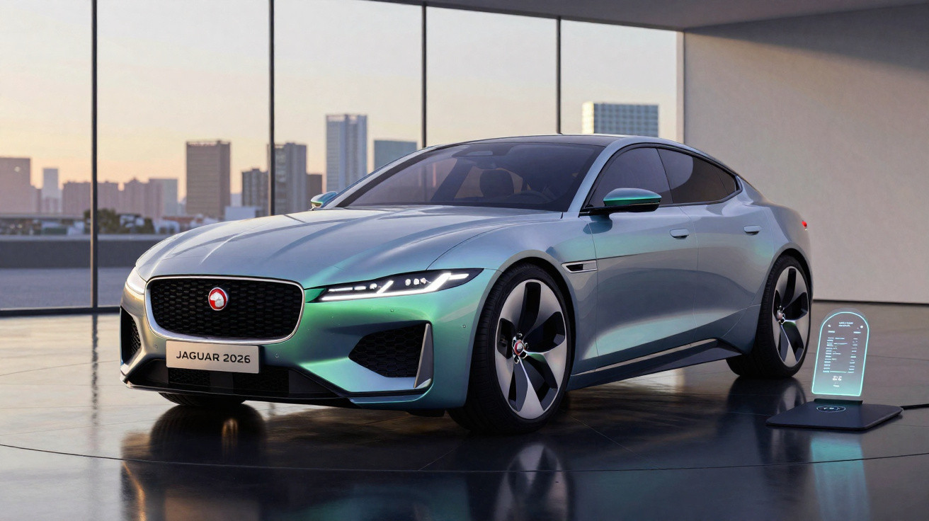 Voiture électrique Jaguar 2026 verte au design futuriste exposée dans une pièce vitrée avec vue sur la ville.