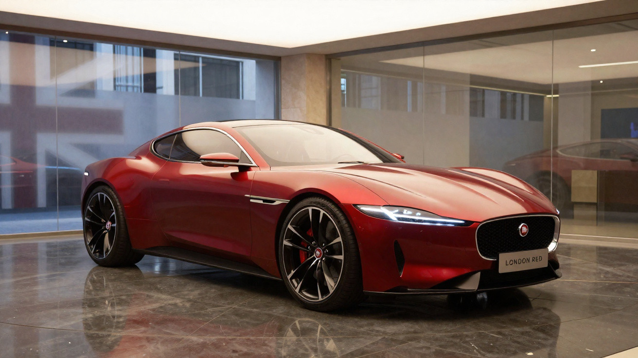 Voiture de sport Jaguar rouge métallisée exposée dans une pièce moderne avec sol en marbre brillant.