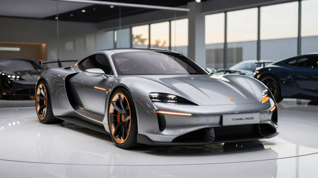Voiture de sport grise Porsche Taycan Turbo S exposée dans un showroom moderne lumineux.