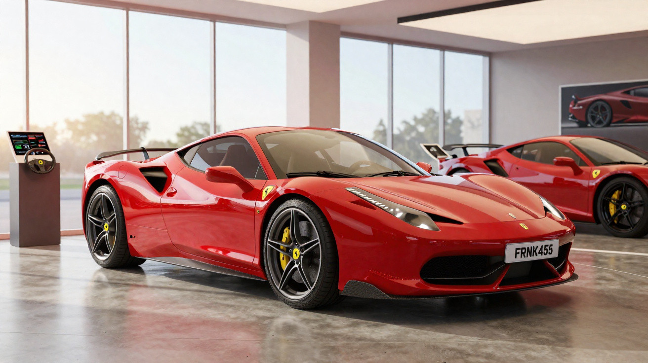 Deux Ferrari rouges sport exposées dans un showroom lumineux avec grandes baies vitrées.