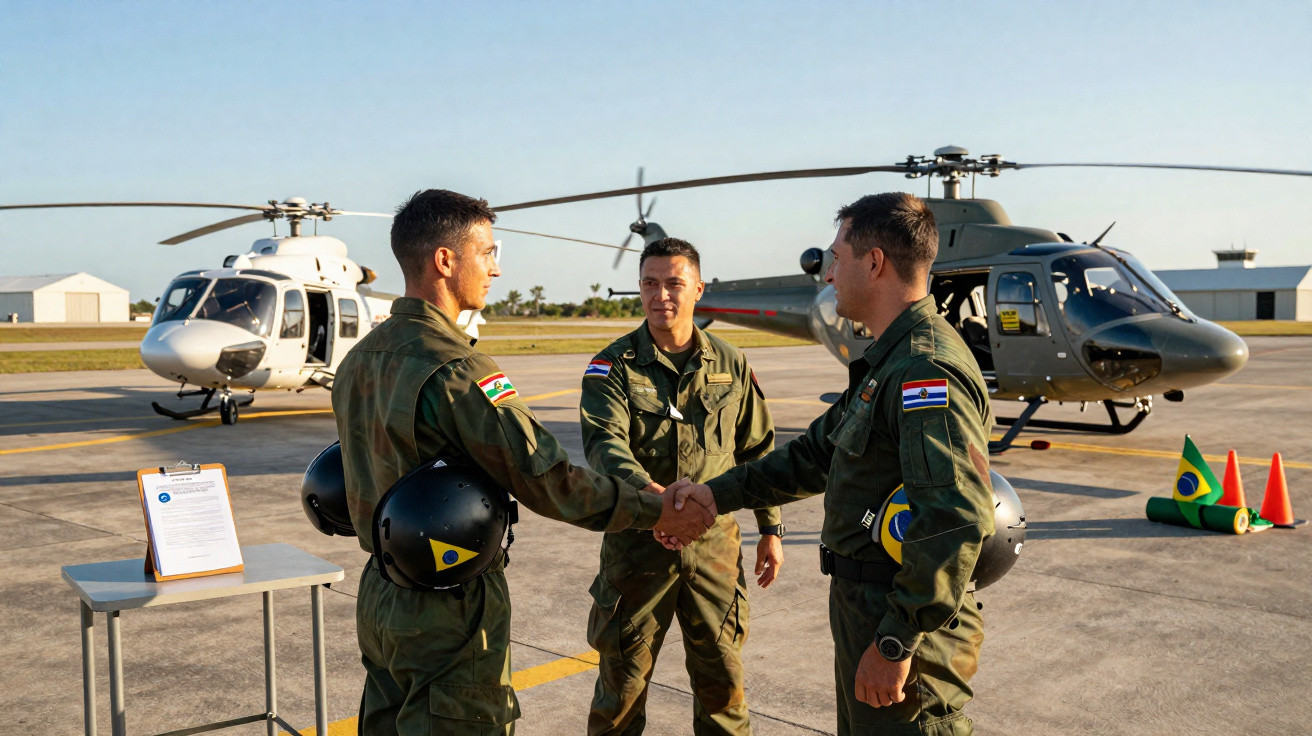 Trois pilotes militaires en tenue verte se serrent la main devant deux hélicoptères sur une piste d'atterrissage.