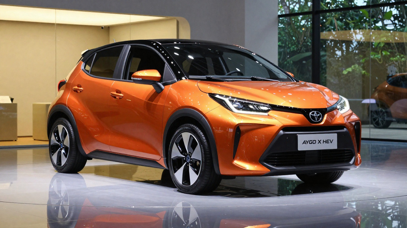 Voiture compacte orange Toyota Aygo X HEV exposée dans un showroom moderne, vue trois quarts avant.