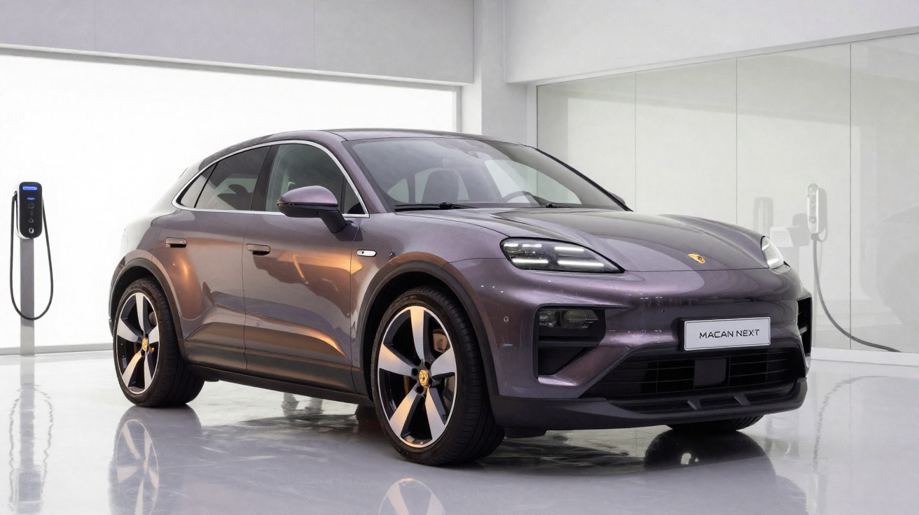 Porsche Macan Next gris métallisé garée dans un showroom moderne avec borne de recharge électrique.