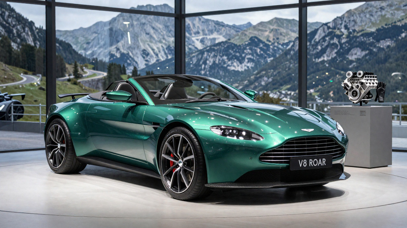Voiture de sport Aston Martin verte exposée en intérieur avec montagnes visibles à travers de grandes baies vitrées.
