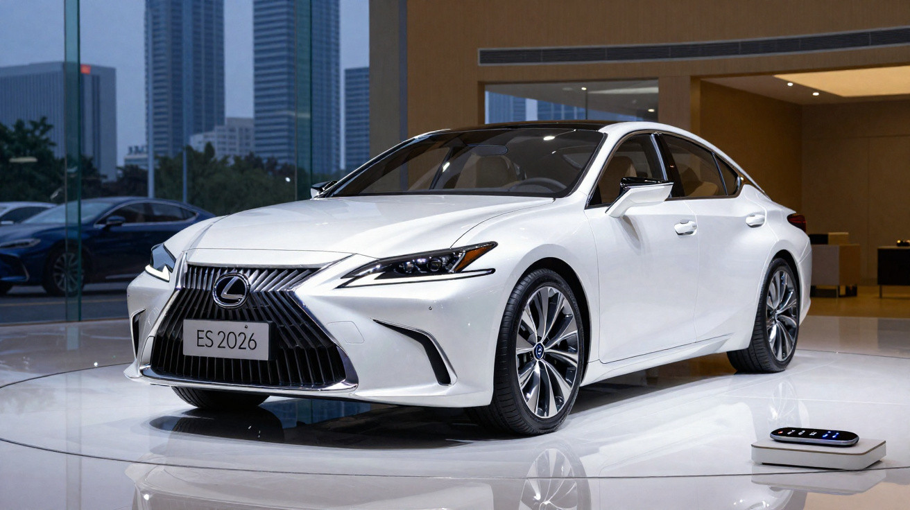 Voiture berline blanche Lexus ES 2026 exposée dans un showroom moderne avec grandes vitres et ville en arrière-plan.