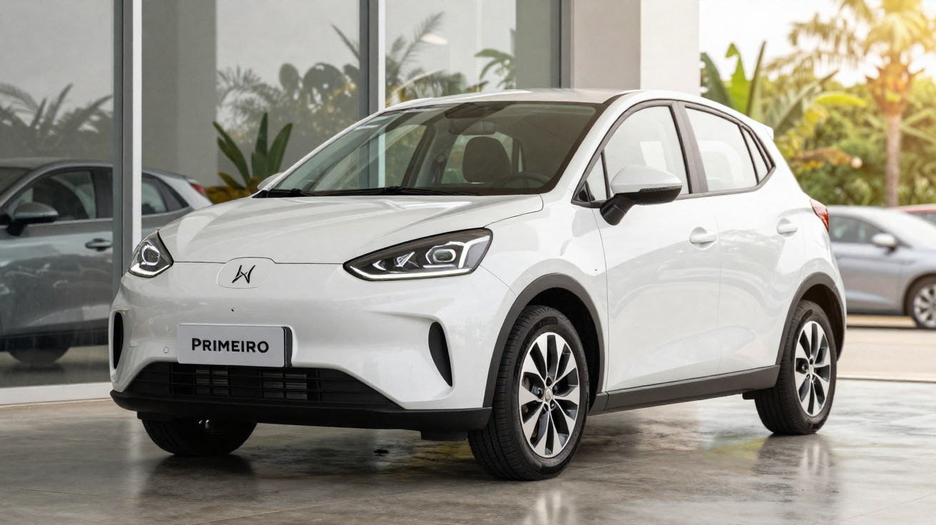 Voiture électrique blanche compacte modèle "Primeiro" exposée dans un showroom moderne avec lumière naturelle.