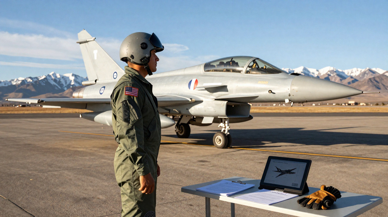 Pilote en tenue militaire et casque, debout sur un aérodrome près d’un avion de chasse avec montagnes en arrière-plan.