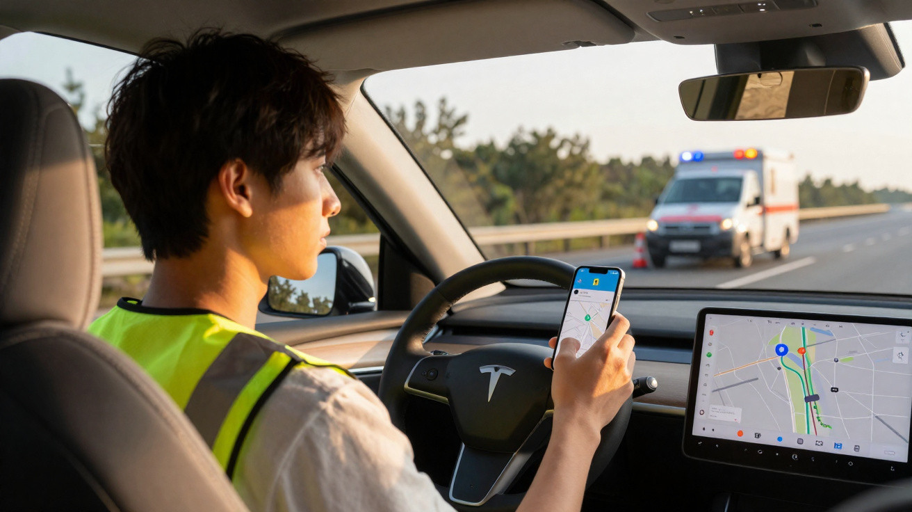 Homme dans une Tesla regardant son téléphone avec une ambulance en arrière-plan sur l'autoroute.