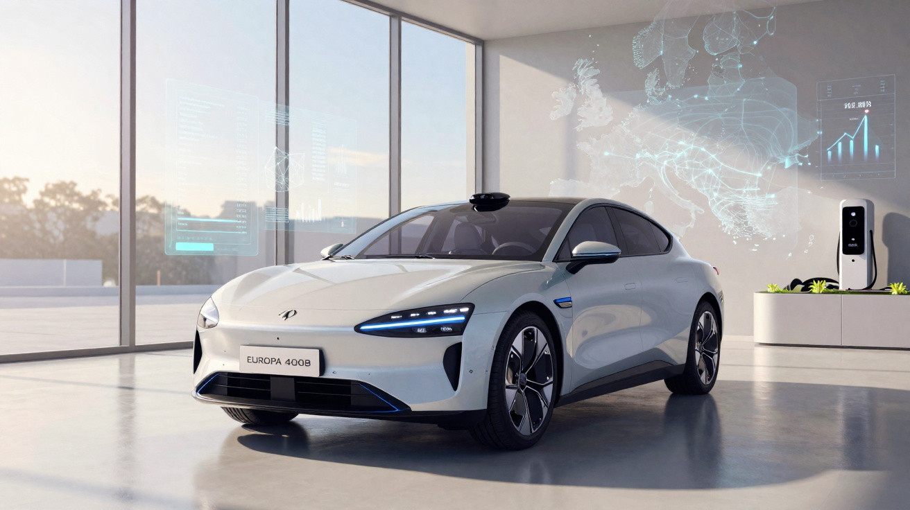 Voiture électrique blanche Europa 4008 dans un showroom lumineux avec fenêtres panoramiques et projection holographique.