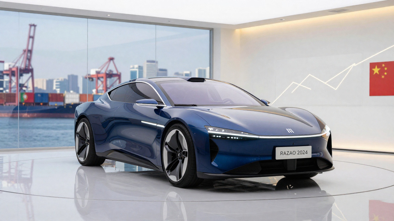 Voiture électrique bleu foncé Razao 2024 exposée dans un showroom avec vue sur un port industriel.