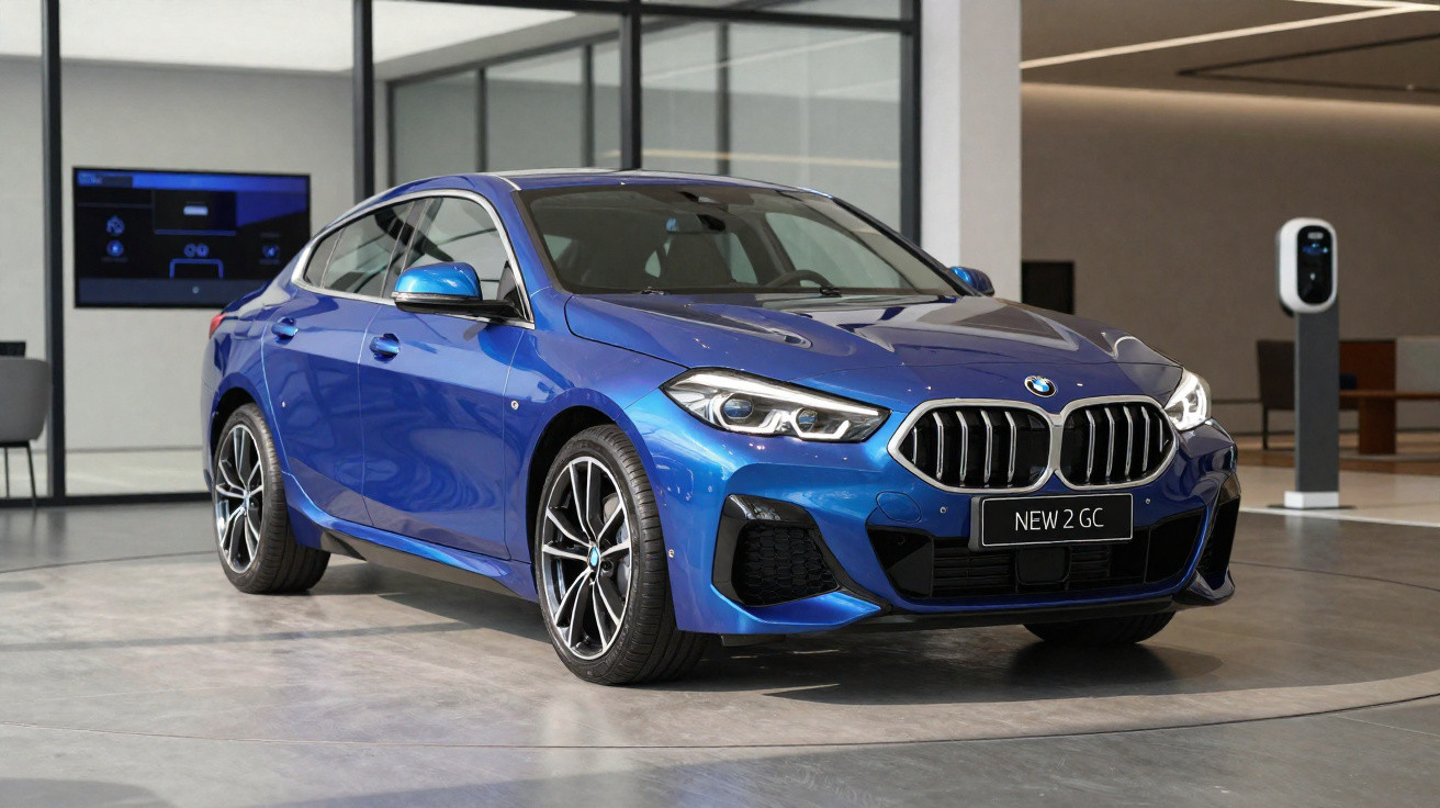 Voiture BMW bleue moderne exposée dans un showroom élégant avec éclairage intérieur contemporain.