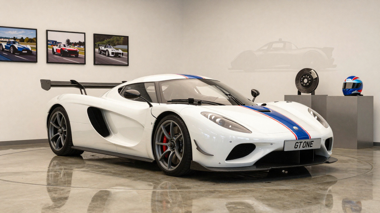 Voiture de course blanche Koenigsegg GT One exposée dans une salle avec photos et casque de course.