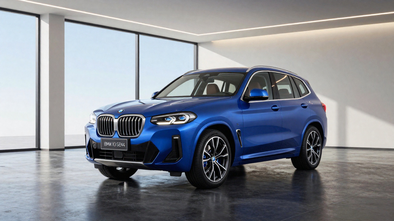 Véhicule BMW X3 bleu métallisé garé dans un espace intérieur lumineux avec grandes fenêtres.