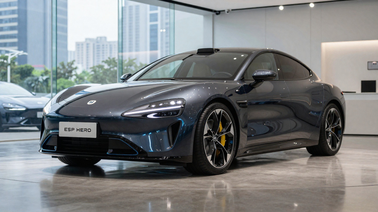 Voiture électrique sportive grise ESP Hero exposée dans un showroom moderne avec sol en béton.