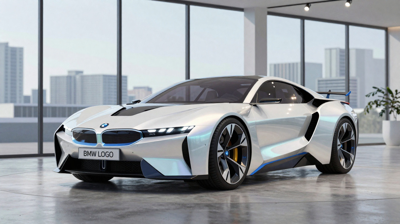 Voiture de sport BMW blanche futuriste garée dans un showroom moderne avec grandes fenêtres et vue urbaine.